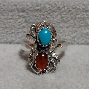 Turquoise and Amber Sterling Silver Ring Size 7.25